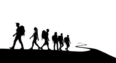 Group of hikers walking on a path with backpacks.