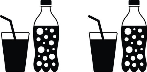 Black and white of soda bottles and glasses with straws