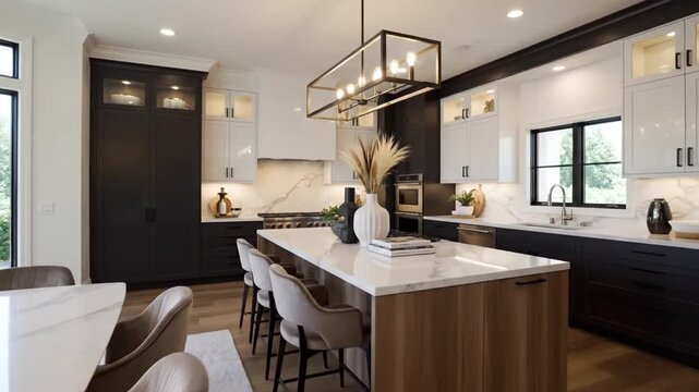 Contemporary Kitchen Island Dining Area With Modern Chandelier and Appliances