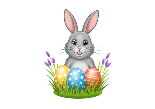 Cute gray bunny with colorful easter eggs in grass and lavender isolated on white background