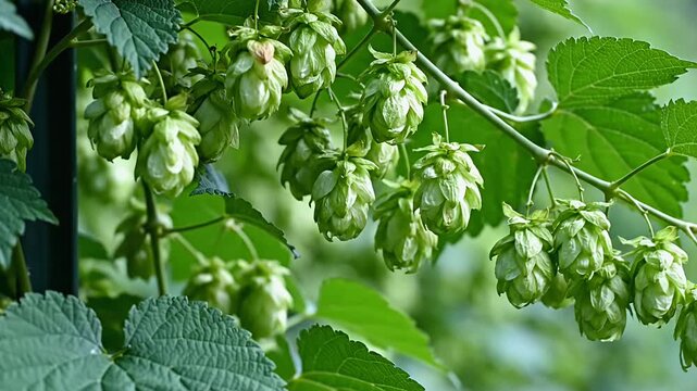 Lush Green Hops Growing on the Vine in Summer.