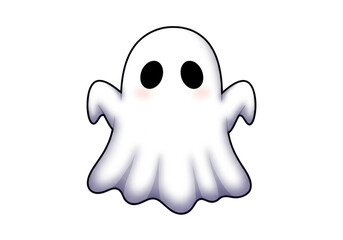 Fototapeta premium Cartoon ghost with black eyes and rosy cheeks, halloween illustration isolated on white background