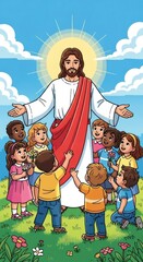 Fototapeta premium Jesus Christ with open arms embracing a diverse group of happy children in a green field under a sunny sky, religious illustration for Easter.