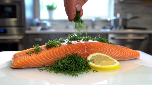 Hand sprinking herbs on raw salmon fillet with lemon on white plate