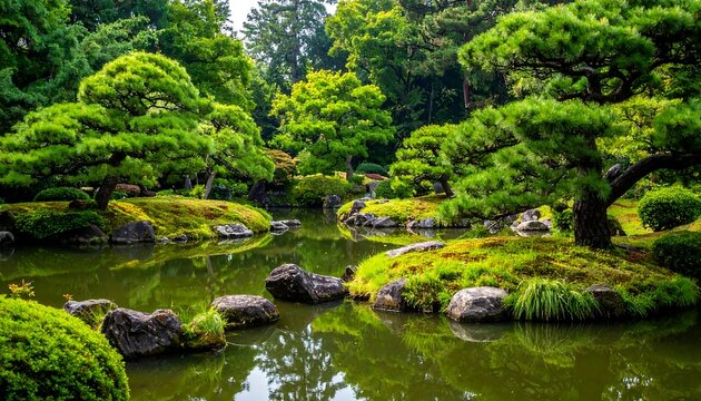 Lush green Japanese garden with pond stones and carefully pruned trees
