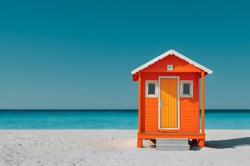Vibrant orange wooden beach hut on a sandy shore, set against a bright turquoise ocean and a clear blue sky on a sunny summer day.