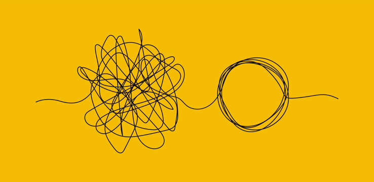 Chaos and order business concept in flat art. Bright yellow color design. A tangled mess turns into a circular line of order. Finding a solution. 