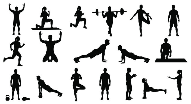 Fitness silhouettes of people exercising and doing gym workouts