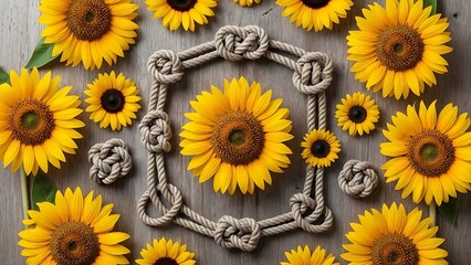 Rustic Sunflower Composition with Knotted Rope on Wooden Background