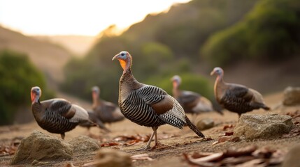 Group of Wild Turkeys Walking in Natural Habitat During Golden Hour at Scenic Landscape