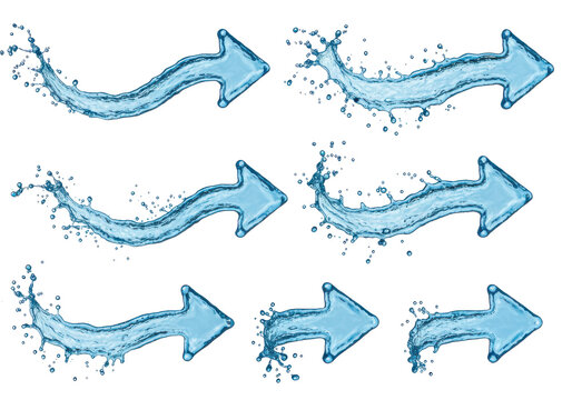 Three aqua arrows dynamic water splashes forming directional indicators isolated on white background