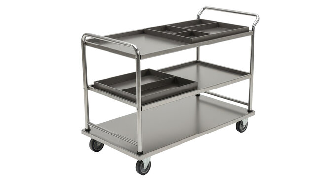 Shiny stainless steel service cart with multiple shelves and compartments isolated on white background