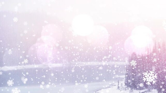 Animation of spots of light over snow falling and winter neon unk