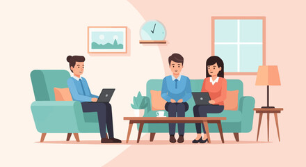 Flat illustration of people working on laptops in a living room