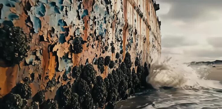 Rusty shipwreck beached on sandy shore with waves crashing against corroded hull covered in barnacles and peeling paint under cloudy sky