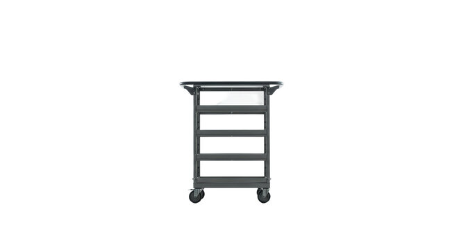 Detailed metal utility cart with shelves and rolling casters isolated on white background