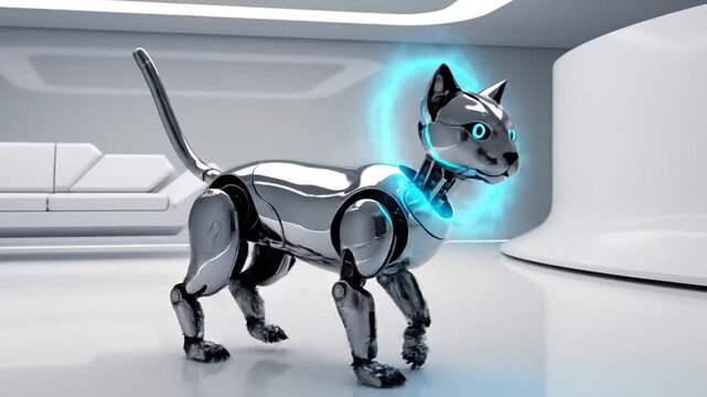Robotic cat standing in a modern living room with technology
