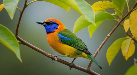 Obraz premium Vibrant bird perched on a branch amidst lush foliage