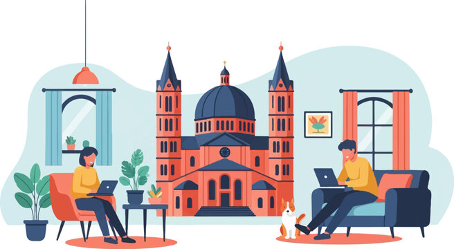 Diverse people working remotely with pets beside a grand building