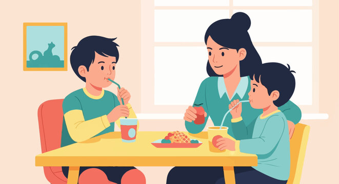 Family mealtime with drinks and food