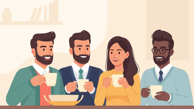 Diverse group of four friends smiling and holding mugs, indoors, enjoying a conversation