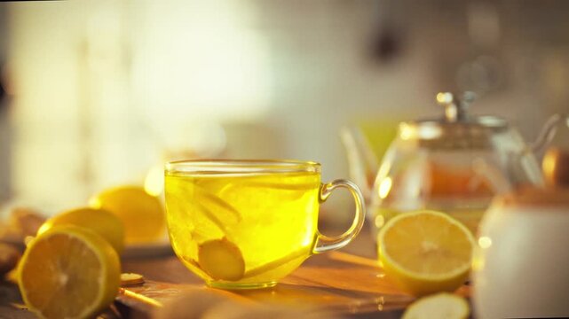 Slices of lemon and ginger are artistically swirling in a transparent cup, infused in juice, with a single drop dripping down, set against a serene natural backdrop blurred into soft focus