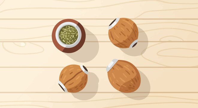 Flat lay of yerba mate and coconuts on a wooden surface