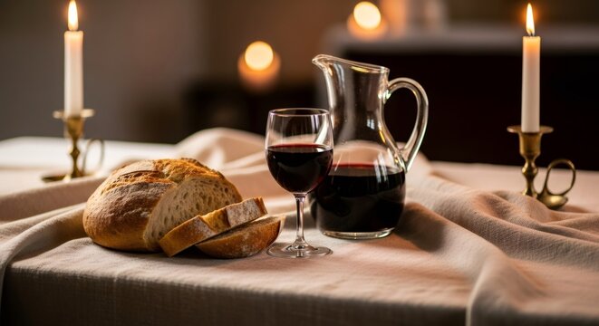 Bread and wine with lit candles on a table. Eucharist sacrament for Holy Communion. Last supper ritual, Christian worship concept.