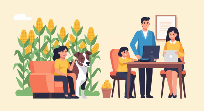 Family with dog and cornfield backdrop, working indoors