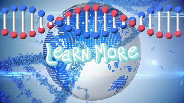 Animation of dna helixes, flying abstract pattern and learn more text in rotating globe