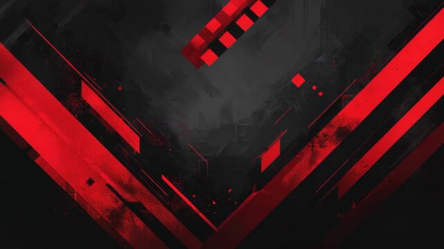 Futuristic abstract design with red and black geometric patterns and urban background.