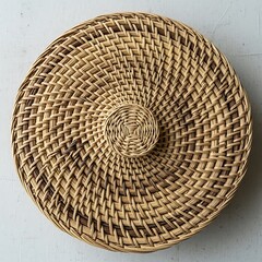 Woven wicker basket top with intricate spiraling pattern for serving dish