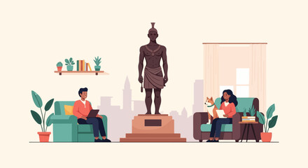 Obraz na płótnie Canvas Diverse people relax at home with pets and a monumental statue backdrop