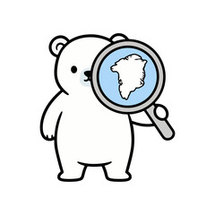 Fototapeta premium Polar bear scientist mascot with magnifying glass map