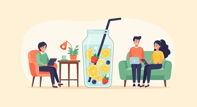 Diverse people use laptops in casual setting with refreshing fruit drink