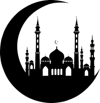 Minimal black silhouette mosque skyline with crescent moon on top, Arabic Islamic architecture vector, bold flat design, white background, text &ldquo;Alhamdulillah (praise to God)&rdquo; below, clean typography