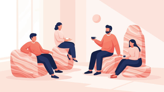 Diverse people relax in a stylish, modern setting, enjoying conversation and beverages