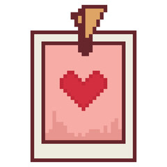 Obraz premium Retro pixel art instant photo icon with heart and clip for memories