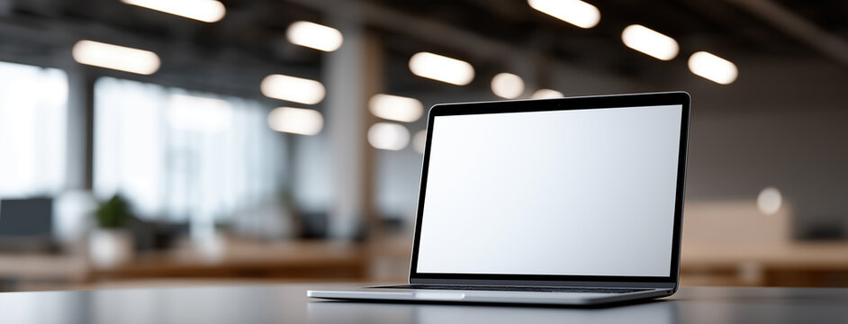A modern laptop with a blank white screen sits on a wooden desk.