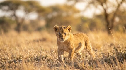 Naklejka premium Cute Baby Lion Cub Standing in African Savanna, Golden Grass Wildlife Scene with Soft Natural Light and Shallow Depth of Field.