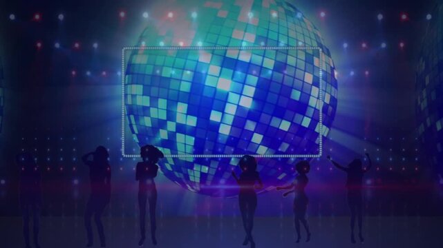 Animation of banner with copy space over silhouette of girls dancing against spinning disco ball