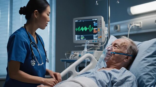 Medical professional assists patient with oxygen mask in hospital setting