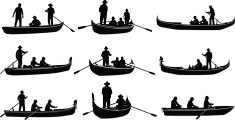 Gondola Boat Silhouette Illustration Set Showing Rowers and Passengers, Traditional Venetian Watercraft Black Vector Figures for Travel and Tourism Design © ROWSHON HABIB