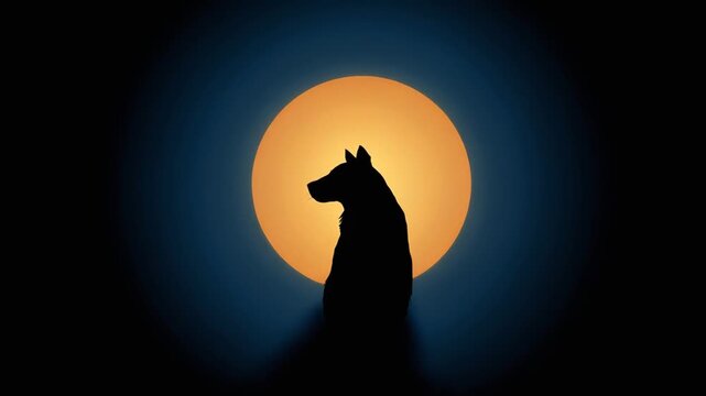 Silhouetted canine form stands before a warm-hued, large circle in a dark night sky