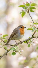 Small Colorful Songbird Perched on Tree Branch with Spring Blossoms, Natural Wildlife Scene, Soft Light, Shallow Depth of Field. Vertical bg