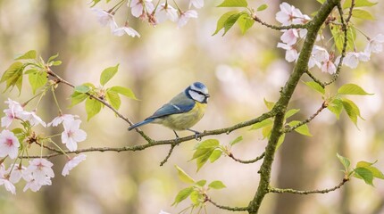 Obraz premium Small Colorful Songbird Perched on Tree Branch with Spring Blossoms, Natural Wildlife Scene, Soft Light, Shallow Depth of Field.