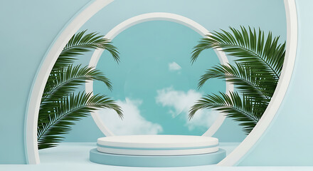 Fototapeta premium Modern podium with palm trees and blue sky for product display