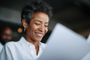 A smiling mature African American woman with short grey hair is holding documents.