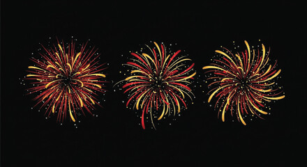 Red and Gold Fireworks with Sparkling Stars on Black Background, Festive Celebration Night