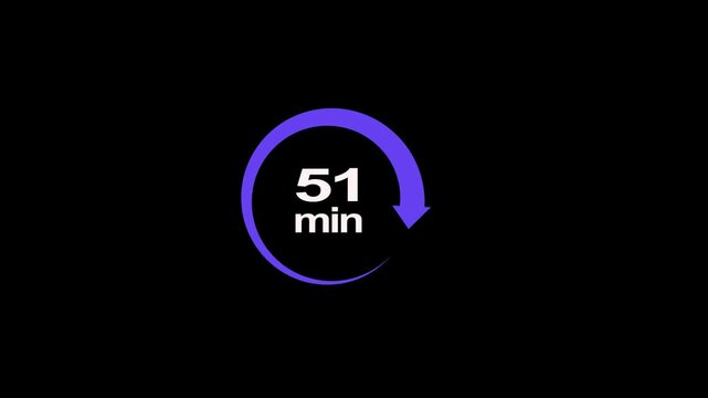 51 minute circle clock icon animation, circular arrow with 51 minute text animation. Digital and analog clock 51 minutes reminder 4k video motion graphic.